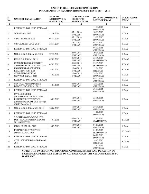 UPSC Exam Calendar 2015